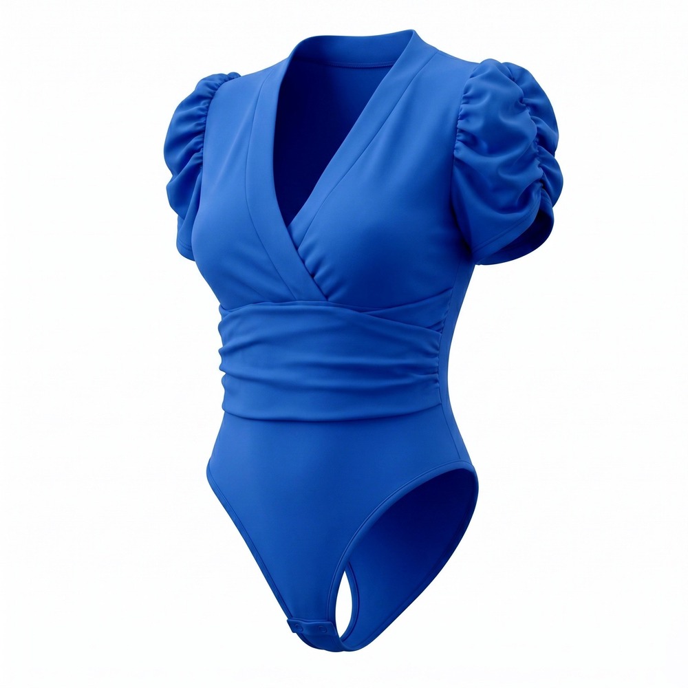 SHEIN Women Royal Blue Surplice V-Neck Puff Sleeve Ruched Bodice Bodysuit Size M